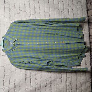 Thomas Dean Men's Green Blue Checkered Long Sleeve Shirt Large